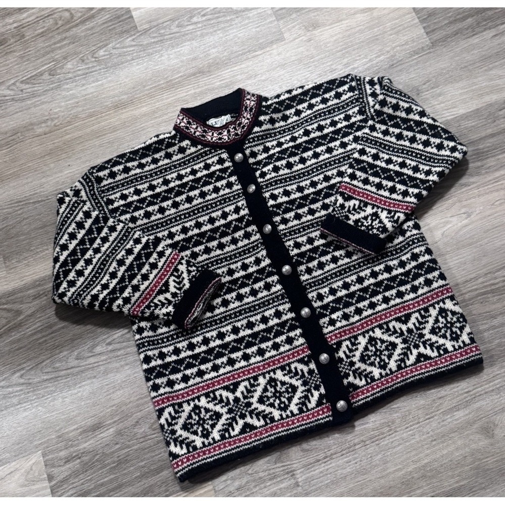 Vintage LL BEAN Nordic Patterned Wool Cardigan Sweater Sz‎ Large Metal Buttons - Picture 2 of 7